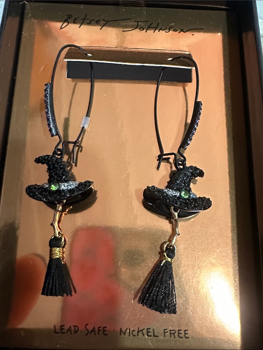 Betsy Johnson Halloween  witch hat and broom stick dangle earrings